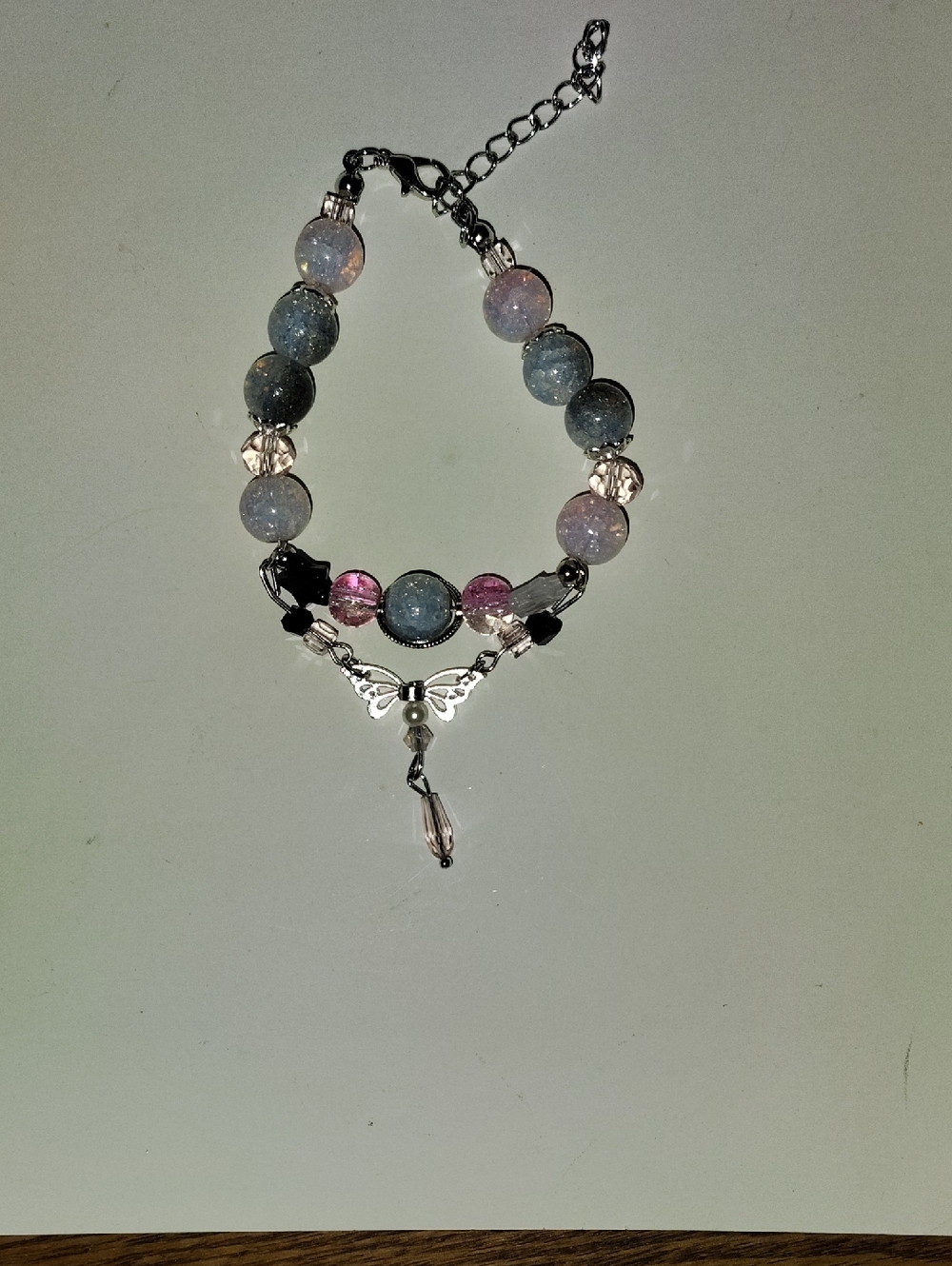 Handmade Blue & Pink Beaded Bracelet with Silver Angel Accent